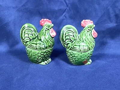 Vintage Chicken Salt & Pepper Shaker Set Green Glaze Red Japan Rooster • $19