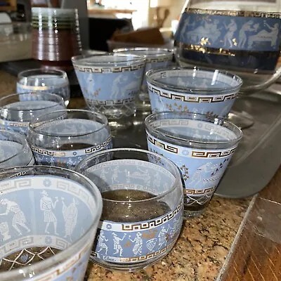 Vtg LOT 11 Piece Etruscan Frieze Barware By Cera Glass Blue Greek Blown Glass • $111