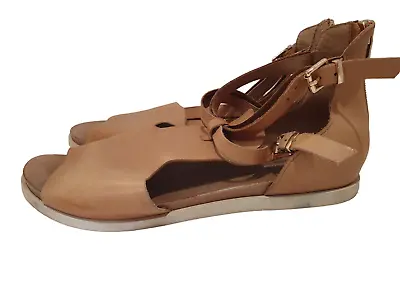 Django & Juliette Chessie Tan Leather Double Ankle Strap Rear Zip Sandals 39 • $49.99