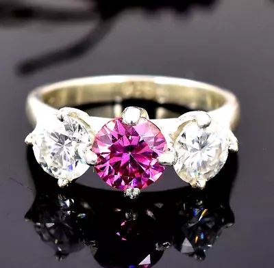 RARE Certified 2.50 Ct Pink Diamond Three Stone  Ring Great Luster! VIDEO • $150