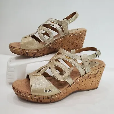 BOC Born Concepts Women's Size 7 Gold Leather Cork Wedge Strappy Sandals • $13.99
