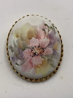 Vintage  Hand Painted Porcelain Oval Brooch Pink Floral Gold Trim • $11.95