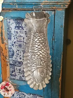 Antique Mold Tin Fish Detailed Lovely Patina Hook Hanger 12  1/2 ×5  • $39