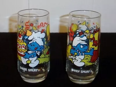 VINTAGE 1983 Smurf Set Of 2 Drinking Glasses ~ Baker & Handy Smurf Peyo Glass • $8