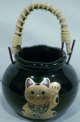 Vintage Nakagama Miniature Gold Lucky Cat Maneki-Neko Black Pot With Handle • $19.99