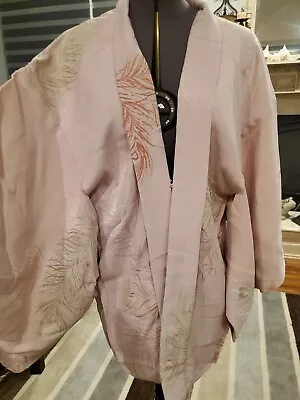  Silk Kimono Japanese Woven Peacock Feathers Haori Jacket Vintage Pink Mauve #4 • $35