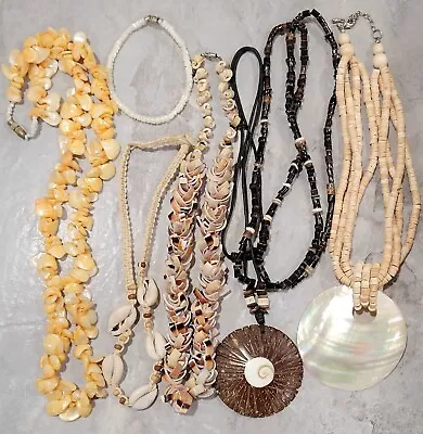 Nice Jewelry Lot Vtg - Beaded Necklaces Boho Shell Inlay Lrg Pendant +heishi Mop • $17.57