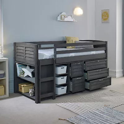 Cozy Single Mid Sleeper Bed With Storage - Solid Grey Wood • £639.95