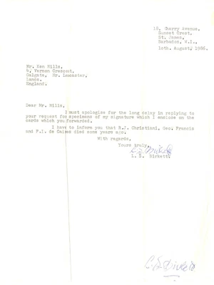 £20 • Buy Lionel.S.Birkett - West Indies Test Cricketer Signed (Twice) Handwritten Letter