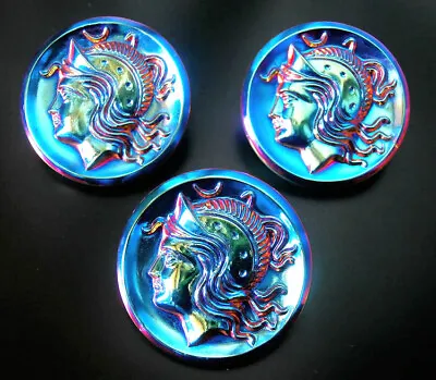 3 Czech VASELINE Glass Buttons #B739 - 32 Mm Or 1-1/4  - RAINBOW IRIDESCENT!!!!! • $11.99