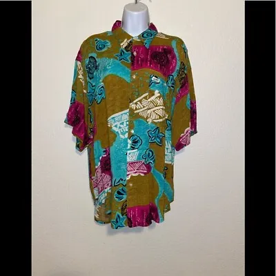 Vintage Guess By Georges Marciano Hawaiian Fish Print Button Down Hi-low Top M • $11.90