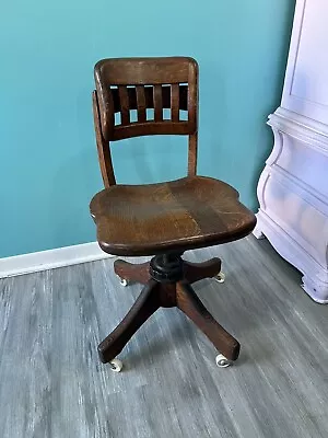 Gunlocke Bank Oak Swivel Rolling Desk Chair Vintage • $250