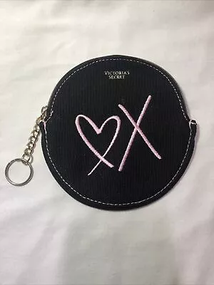 Victoria Secret Coin Purse Round Wristlet Key Chain Cosmetics Bag Black Canvas • $10.21