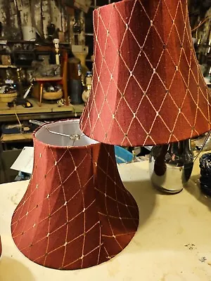 Matching PAIR Deep Red Stitched SILK  LAMP SHADES Bell 7x9.5x13 • $77