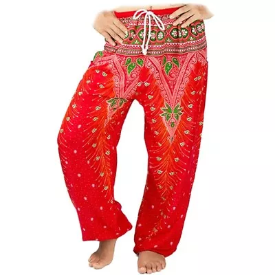 Women's Harem Pants Orange Peacock Feathers Beach Travel Lounge Hippie Yoga Boho • $14.95