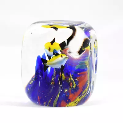 Art Glass Cube Paperweight Murano-Style Aquarium Tropical Yellow Fish Reef Gift • $18.99