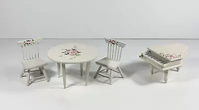 Dollhouse Furniture Lot Of 4 Table W/ Chairs & Piano Wooden White W/ Pink Roses • $15