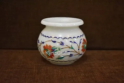 4 Inches Round White Marble Flower Pot Floral Pattern Inlay Work Giftable Vase • $121.50