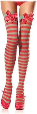 Womens Sexy Santa's Helper Stripe Opaque Thigh High Stockings With Bow Christmas • £8.99