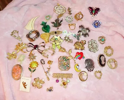 Large Lot Of 48 Vintage Pins / Brooches - Flowers Butterfly Enamel Gemstone • $30