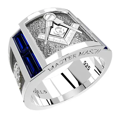 Men's Blue Lodge 925 Sterling Silver Synthetic Sapphire Freemason Masonic Master • $179.99