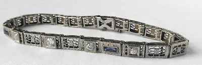 Vintage Art Deco 14k Wht Gold European Diamond Sapphire Filigree Bracelet 11.4g • $895