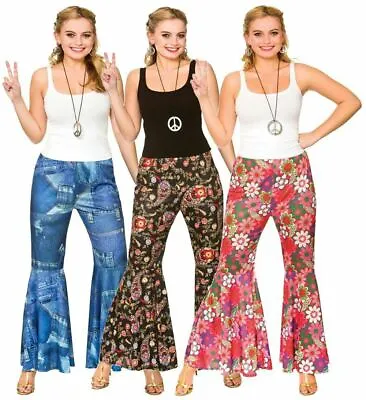 Ladies Hippy Hippie Flared Pants 1960s 60s Fancy Dress Costume Trousers Flares • £11.99