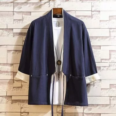 Mens Chinese Jacket Solid Color Long Sleeve Contrast Shirt Cardigan Casual Coat • $41.34