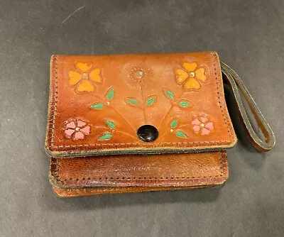 Vintage Leather Puerto Rico Tooled Flowers Ornate Colorful Small Wallet Old Snap • $9.99