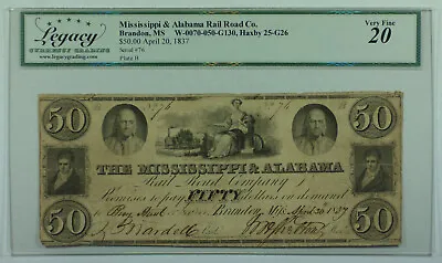 1837 Mississippi Alabama Rail Road Brandon $50 Dollar Note Legacy VF-20 • $169.95