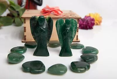 10Pcs Natural Green Jade Gem Stone Pocket Stones Puff Heart Healing With 2 Angel • $22.60