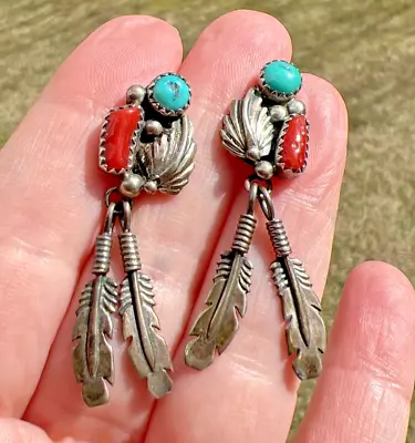 Vintage Navajo Richard Begay Turquoise Coral Sterling Silver  Dangle Earrings • $52.99