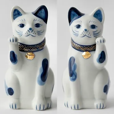 Japanese Hand Painted Pair Lucky Cat SETO Maneki Neko 14.5cm Blue & White Japan • $168.80