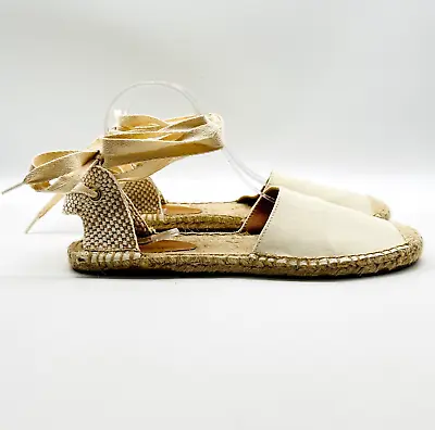 New J Crew Espadrilles Womens 8.5 Off White Flat Sandals D'Orsay Lace-Up Shoes • $49.99