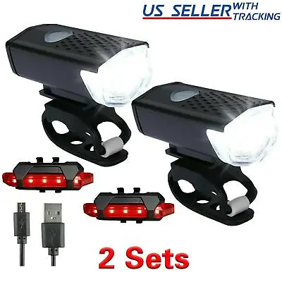 $8.59 • Buy 2 Sets USB Rechargeable LED Bicycle Headlight Bike Front Rear Lamp Cycling