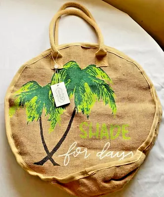 NWT Mud Pie Tan Green Palm Tree Round Burlap Beach Tote Bag  Shade For Days  • $14.99