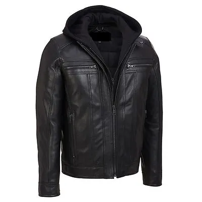 Men's Motorcycle Black Slim Fit Genuine Leather Jacket With Removable Hood • $180.99