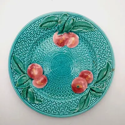 Vintage Majolica Germany 7-1/2” Green Plate Basketweave & Fruit • $59.99