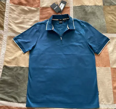Hugo Boss Deep Teal Polston Zip Polo Shirt Piped Short Sleeve Slim Fit L Men NEW • $49.94