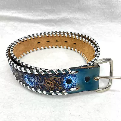 Vintage Kenny Rogers Saddle Leather Belt Women's Size 32 - Hand Laced Painted • $39.99