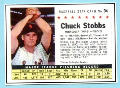 2022-1961 Cereal Card - #94 Chuck Stobbs- Minnesota Twins • $6.95