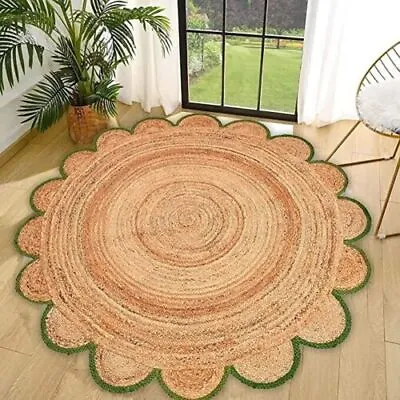 Rug Round Jute Hand Woven Modern Carpet Living Area Room Rug Beige + Green • $38.69