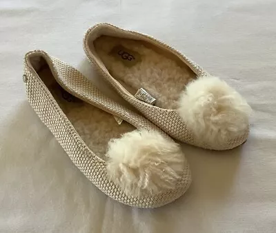 Ugg Beige Ballet Flat Slippers With Fur Pom Pom Womens Size 6 • $27.99