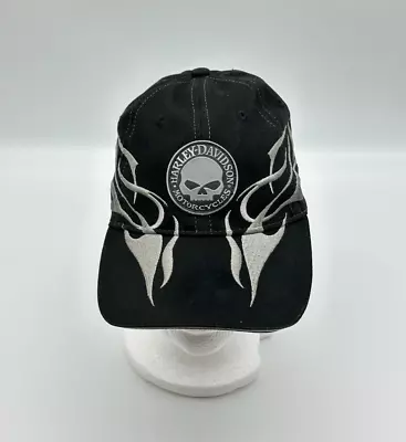 Vintage Harley Davidson Hat Cap Strap Back Black Silver Tribal Flames Skull Y2K • $34.95