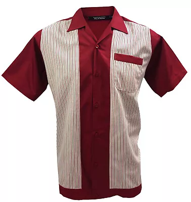 £22.49 • Buy Rockabilly Mens Shirt Retro Short Sleeve Vintage Bowling Cotton Red White Stripe