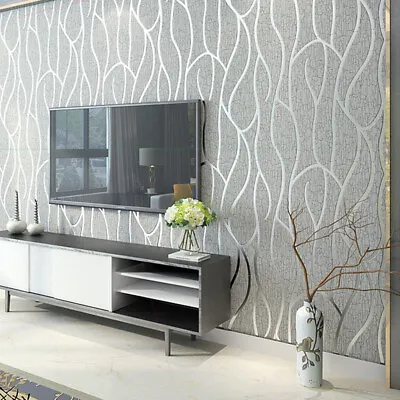 Sliver Grey 3D Damask Wave Wallpaper Roll Home Decor Silver Grey Wall Paper Roll • £7.29