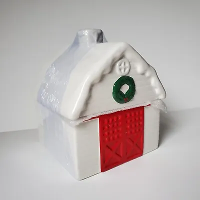 Cookie Jar Ceramic White Barn Christmas Wreath Red Door Rustic Farmhouse Lodge • $22.95