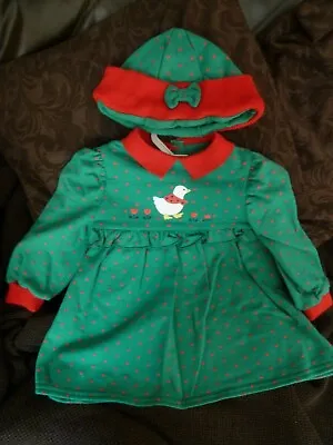 VINTAGE BABY OUTFIT DRESS WITH MATCHING HAT RED GREEN 1980/90s • £20.99