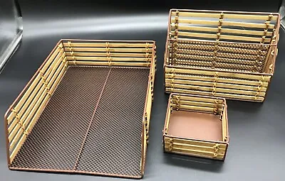 HTF Vtg MCM 3 Piece Tortoise Shell Bamboo Metal Desk Set Organizer File Storage • $24.95