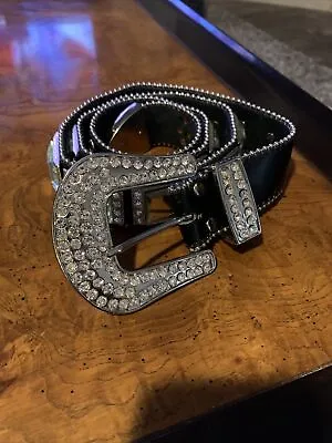 Leather Rhinestone Belt Men Women Western Bling Studded Square Mirror Inlay XL • $29.99